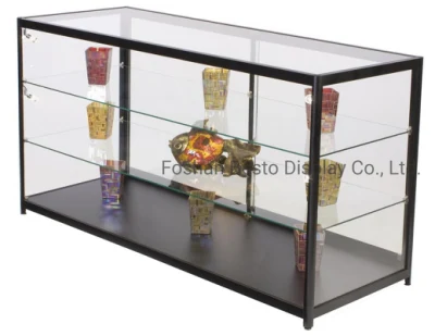 1800 mm breite Glasvitrine für den Einzelhandel mit LED-Seitenbeleuchtung und Schiebetür für die Präsentation im Einzelhandel in Schwarz, Weiß und Silber